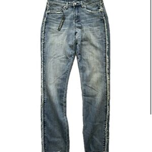 Blank NYC blue jeans with jean gray ruffle edge